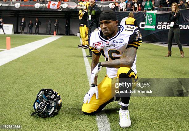 Disappointed Brandon Banks of the Hamilton Tiger-Cats reacts during the loss to the Calgary Stampeders in the 102nd Grey Cup Championship Game at BC...