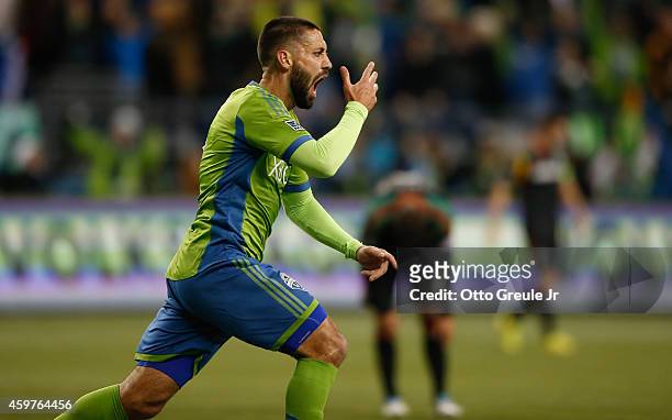 Clint Dempsey of the Seattle Sounders FC celebrates after scoring a goal against the Los Angeles Galaxy during the Western Conference Final at...
