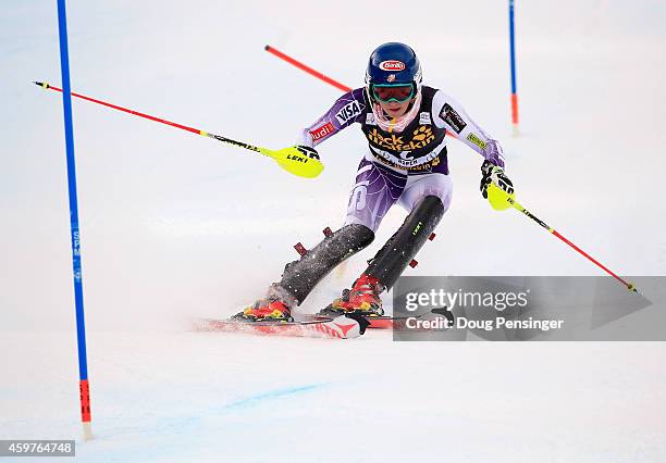 Mikaela Shiffrin of the United States skis in the first run as she went on to finish in fifth place in the ladies slalom at the 2014 Audi FIS Ski...