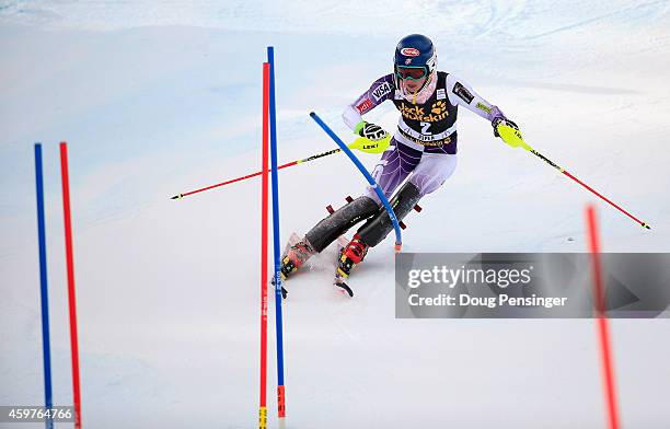 Mikaela Shiffrin of the United States skis in the first run as she went on to finish in fifth place in the ladies slalom at the 2014 Audi FIS Ski...