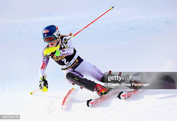 Mikaela Shiffrin of the United States skis in the first run as she went on to finish in fifth place in the ladies slalom at the 2014 Audi FIS Ski...