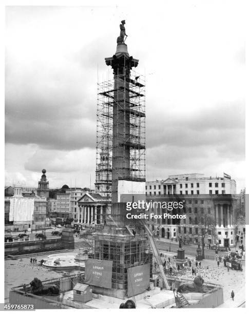 Surrounded by scaffolding, Nelson's Column undergoes cleaning in Trafalgar Square, London, England, 1968. Erected in 1843, and designed by William...