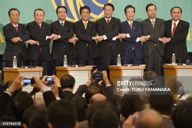 Eight leaders of Japan's main political parties, leader of the People's Life Party Ichiro Ozawa, leader of the Party for Future Generations Takeo...