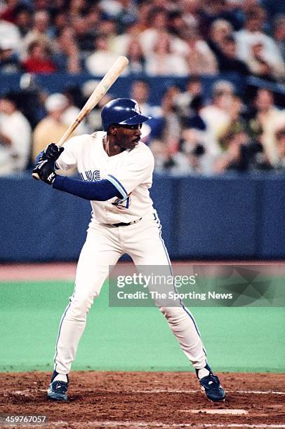 Devon White of the Toronto Blue Jays bats during a 1993 World Series game against the Philadelphia Phillies.