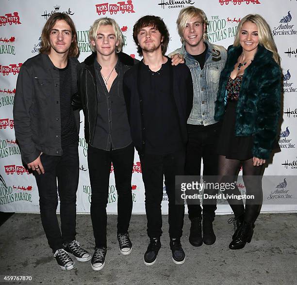 Musicians Rocky Lynch, Ross Lynch, Ellington Ratliff, Riker Lynch, and Rydel Lynch of R5 attend the 83rd Annual Hollywood Christmas Parade on...