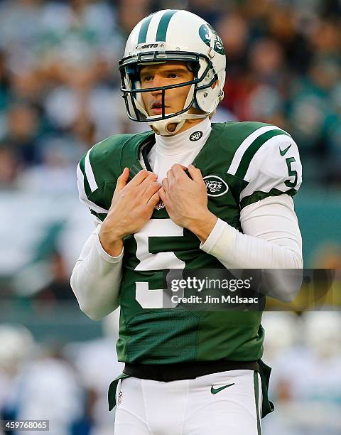 Matt Simms of the New York Jets in action against the Miami Dolphins on December 1, 2013 at MetLife Stadium in East Rutherford, New Jersey. The...