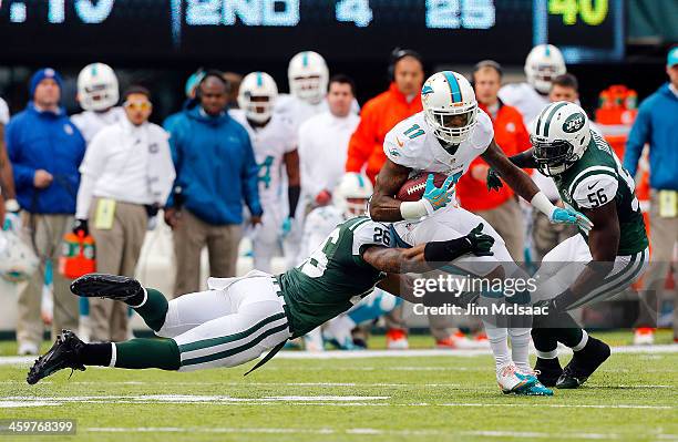 Mike Wallace of the Miami Dolphins in action against Dawan Landry of the New York Jets on December 1, 2013 at MetLife Stadium in East Rutherford, New...