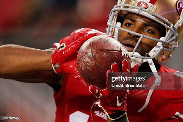 Wide receiver Michael Crabtree of the San Francisco 49ers catches a pass before a game against the Seattle Seahawks on November 27, 2014 at Levi's...