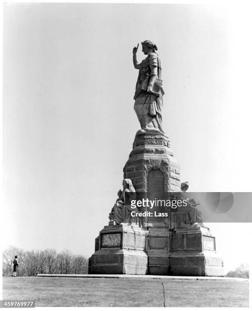 View of the Pilgrims Monument to the Forefathers in Plymouth, Massachusetts. Circa 1950.
