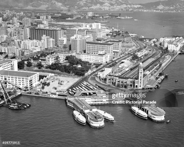 An aerial view of the shopping center and hotel district in Kowloon, Hong Kong. Circa 1950.