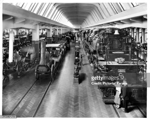 Interior view of trains in Henry Ford Museum in Dearborn, Michigan. Circa 1950.