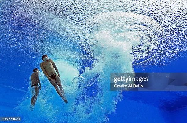 Oleksandr Gorshkovozov and Dmytro Mezhenskyi of Ukaine compete in the Men's 10m Platform Synchronised Diving final on day two of the 15th FINA World...