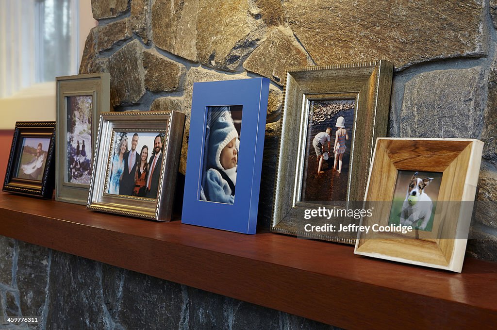 Family Photos on Mantle Angled