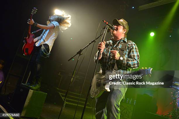 Guitarists Chris Robertson and Ben Wells of American rock group Black Stone Cherry performing live on stage at KOKO in London, on February 28, 2014.