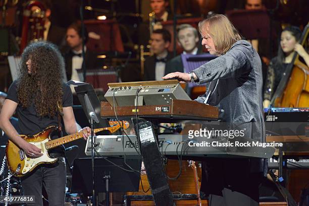 English keyboardist Rick Wakeman performing live on stage at the Royal Albert Hall during the Celebrating Jon Lord live music event in London, on...