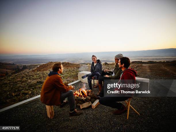 friends gathered around fire pit on patio of cabin - idyllic community stock pictures, royalty-free photos & images