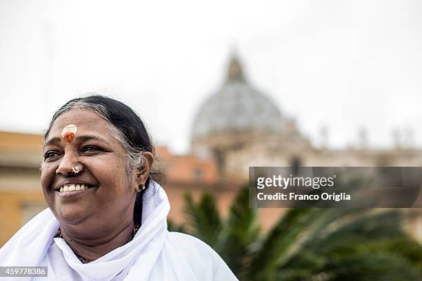 Mata Amritanandamayi, Indian spiritual leader and humanitarian, visits St Peter's Square outside The Vatican ahead of the signing of the Universal...