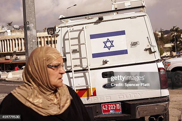 An Israeli security vehicle is parked in East Jerusalem, home to the city's Palestinian population on December 01, 2014 in Jerusalem, Israel. More...