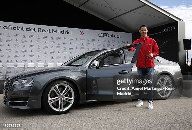 Cristiano Ronaldo of Real Madrid poses during the car handover of Audi at Ciudad Real Madrid on December 1, 2014 in Madrid, Spain.