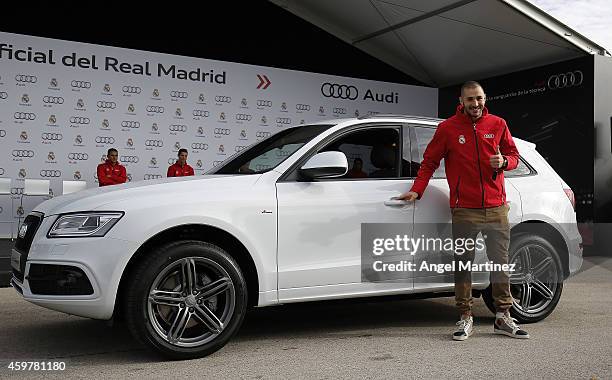 Karim Benzema of Real Madrid poses during the car handover of Audi at Ciudad Real Madrid on December 1, 2014 in Madrid, Spain.