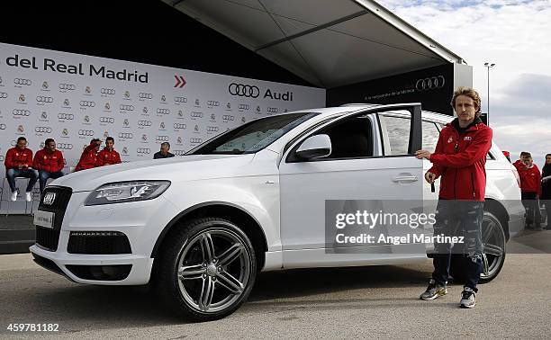 Luka Modric of Real Madrid poses during the car handover of Audi at Ciudad Real Madrid on December 1, 2014 in Madrid, Spain.