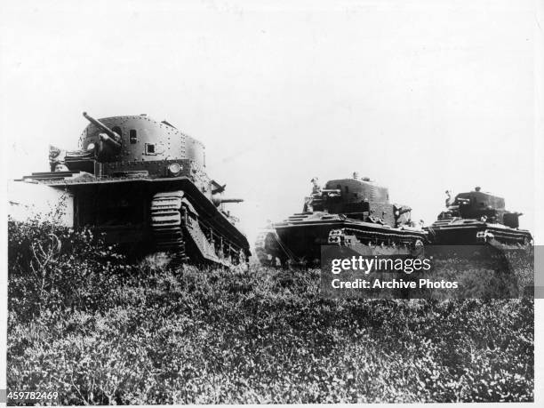 View of new Royal baby tanks during a military drill in Aldershot, England. Circa 1930.