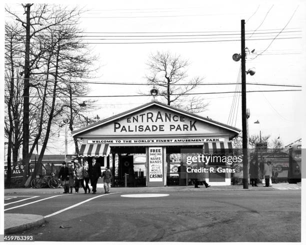 View the entrance of Palisades Amusement Park in New Jersey. Circa 1940.