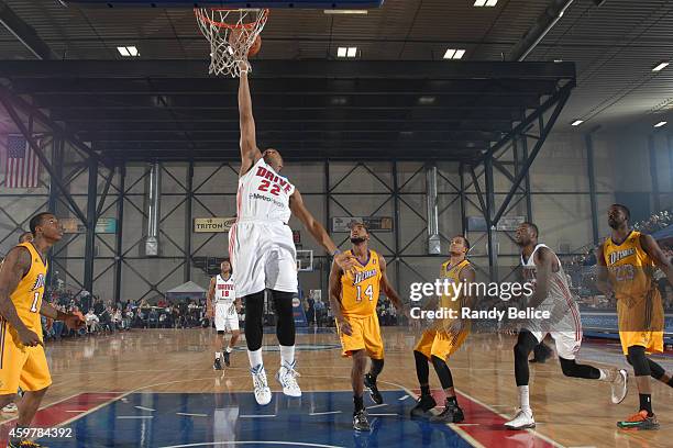 Josh Bostic of the Grand Rapids Drive goes to the basket during the NBA D-League game against the Los Angeles D-Fenders on November 26, 2014 at the...