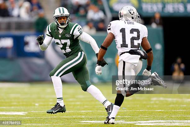 Dee Milliner of the New York Jets in action against the Oakland Raiders on December 8, 2013 at MetLife Stadium in East Rutherford, New Jersey. The...