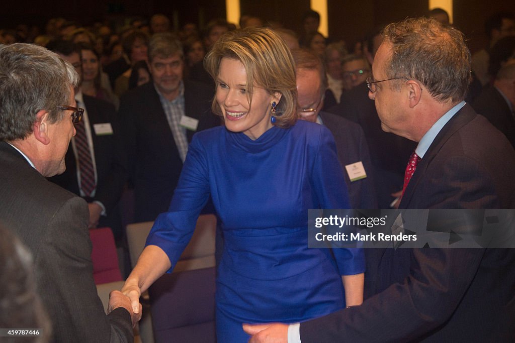 Queen Mathilde Of Belgium Visits 'La Fondation Contre Le Cancer in Brussels