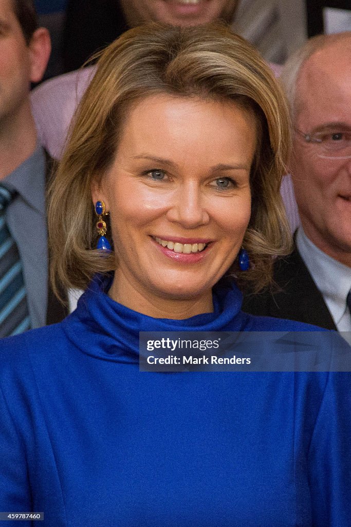 Queen Mathilde Of Belgium Visits 'La Fondation Contre Le Cancer in Brussels