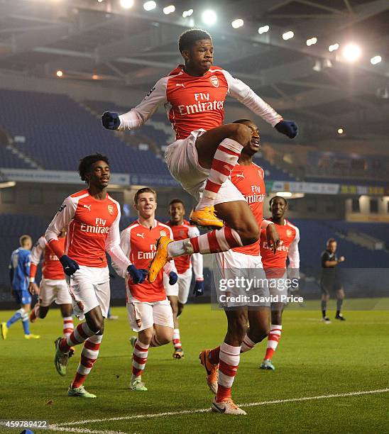 Chuba Akpom celebrates scoring Arsenal's 2nd goal, his 1st, during the match between Brighton and Hove Albion and Arsenal in the Barclays Premier U21...