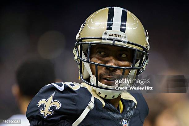 Keenan Lewis of the New Orleans Saints on the field before a game against the Baltimore Ravens at Mercedes-Benz Superdome on November 24, 2014 in New...