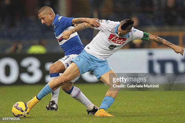 Angelo Palombo of UC Sampdoria battles for the ball with Marek Hamsik of SSC Napoli during the Serie A match between UC Sampdoria and SSC Napoli at...