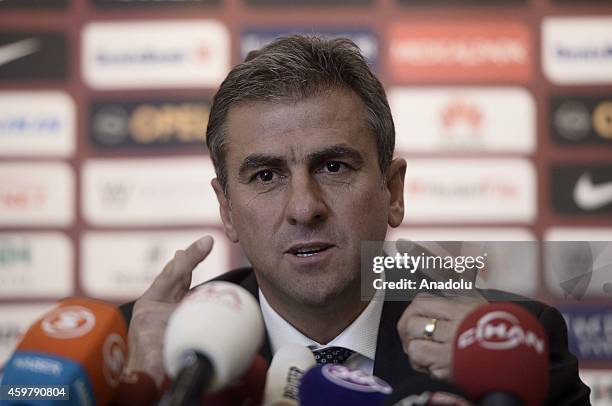 Hamza Hamzaoglu delivers a speech during a press conference after he and Galatasaray SK signed for the new football coaching of the Galatasaray...