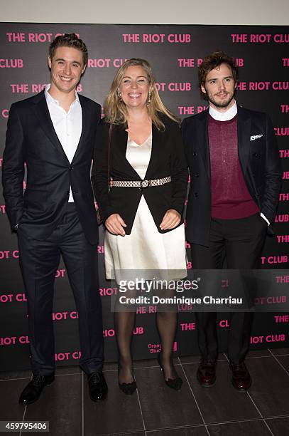 Max Irons, Lone Scherfig and Sam Claflin attend 'The Riot Club' Paris Premiere at Mk2 Bibliotheque on December 1, 2014 in Paris, France.