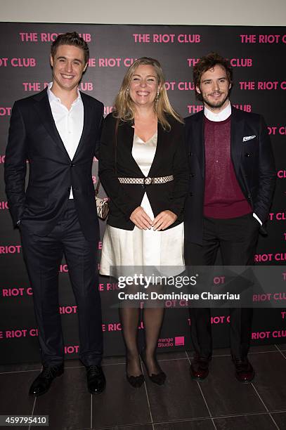 Max Irons, Lone Scherfig and Sam Claflin attend 'The Riot Club' Paris Premiere at Mk2 Bibliotheque on December 1, 2014 in Paris, France.