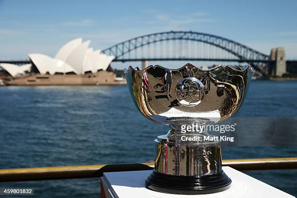 The Asian Cup trophy is seen during the Asian Cup Trophy Tour at Sydney Harbour on December 2, 2014 in Sydney, Australia.
