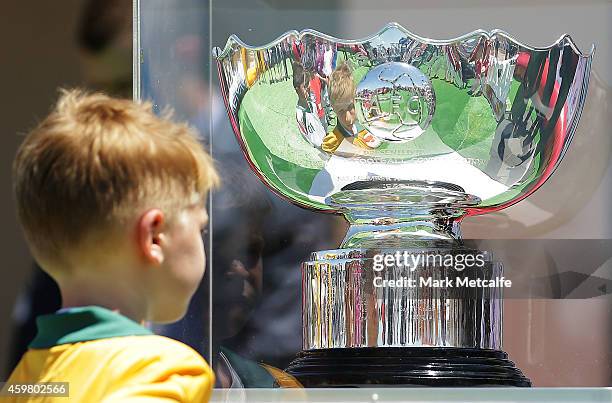 Young footballer in a Socceroos jersey looks at the Asian Cup trophy during the Fox Sports Asian Cup coverage launch at Bondi Beach on December 2,...