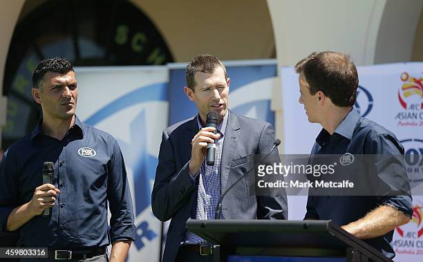 Former Socceroos Brett Emerton and John Aloisi speak to the media during the Fox Sports Asian Cup coverage launch at Bondi Beach on December 2, 2014...