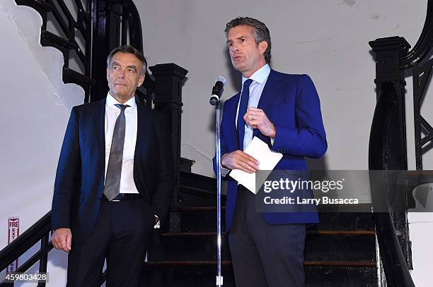 The New York Times International President Stephen Dunbar-Johnson and Wolfgang Schattling speak at the Speaker Dinner presented by Mercedes-Benz...