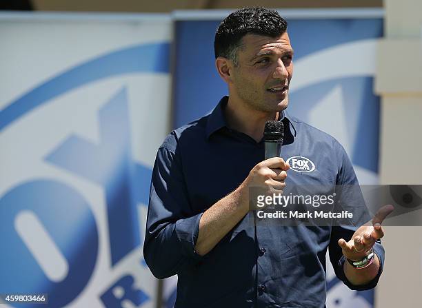 Former Socceroo John Aloisi speaks to the media during the Fox Sports Asian Cup coverage launch at Bondi Beach on December 2, 2014 in Sydney,...