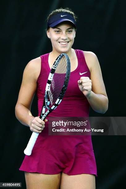 Ana Konjuh of Croatia celebrates after winning the match against Roberta Vinci of Italy during day two of the ASB Classic at ASB Tennis Centre on...
