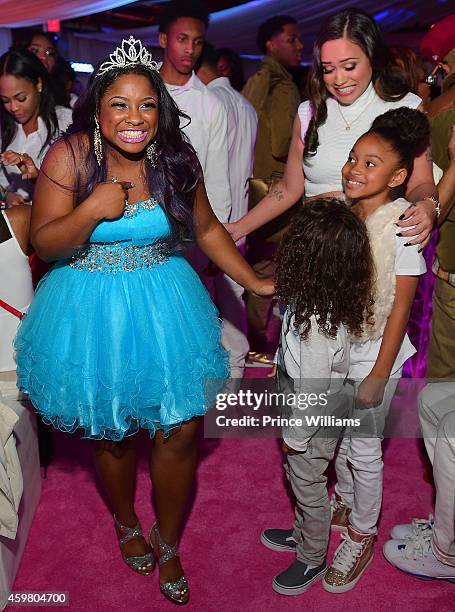 Reginae Carter, Sarah Vivan, Dwayne Carter III and Essence Vivan attends Reginae's "All White" Sweet 16 birthday party at Summerour Studio on...