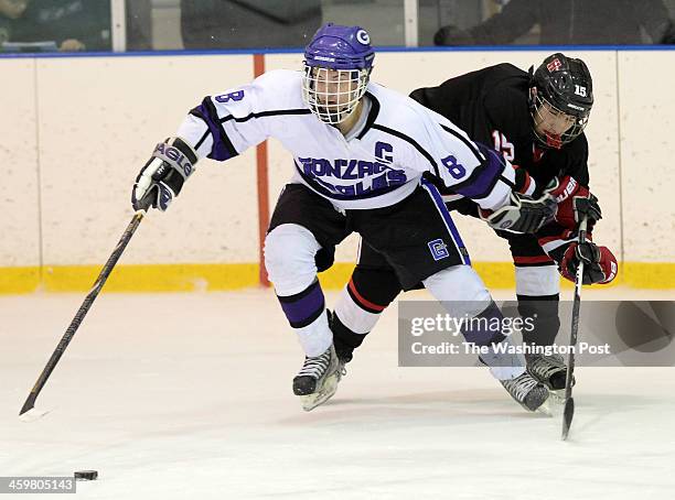 Gonzaga's Bobby Hally, left, tries to break past The Hun School's Spy Avgoustiniatos during the championship game of the 21st Annual National Capital...