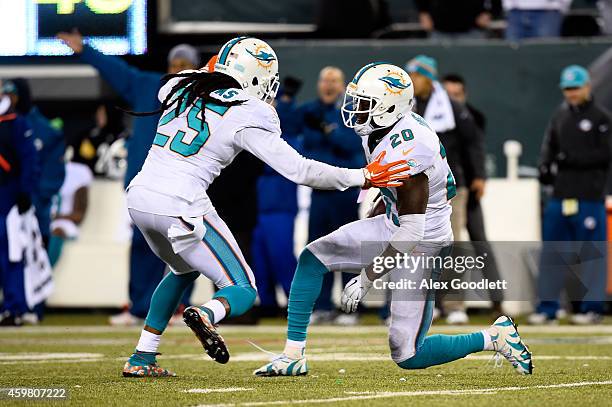 Reshad Jones of the Miami Dolphins celebrates with Louis Delmas after intercepting a ball intended for Jeff Cumberland of the New York Jets late in...