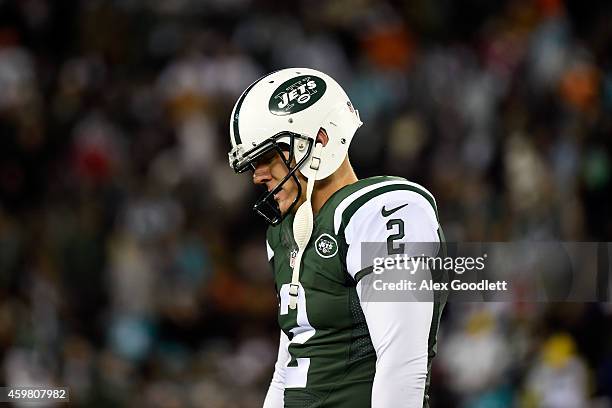 Nick Folk of the New York Jets reacts after a kick against the Miami Dolphins in the fourth quarter during their game at MetLife Stadium on December...