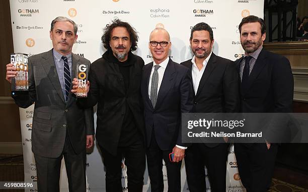 John Lesher, Alejandro Gonzalez Inarritu, Michael Keaton, Alexander Dinelaris and Jon Hamm attend IFP's 24th Gotham Independent Film Awards at...