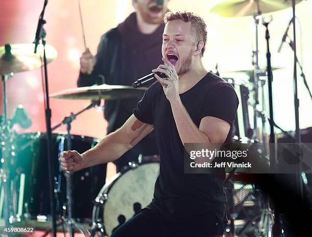 Lead singer Dan Reynolds and Imagine Dragon perform at halftime during the 102nd Grey Cup Championship Game at BC Place November 30, 2014 in...