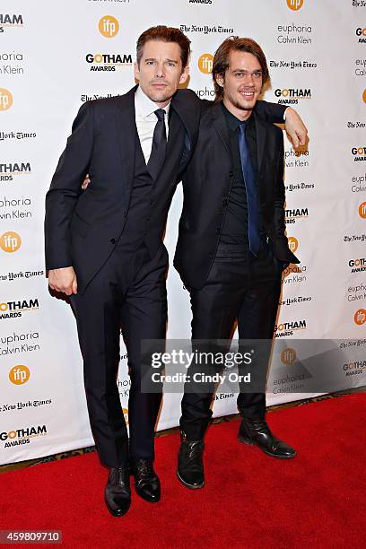 Actors Ethan Hawke and Ellar Coltrane attend the 24th Annual Gotham Independent Film Awards at Cipriani Wall Street on December 1, 2014 in New York...